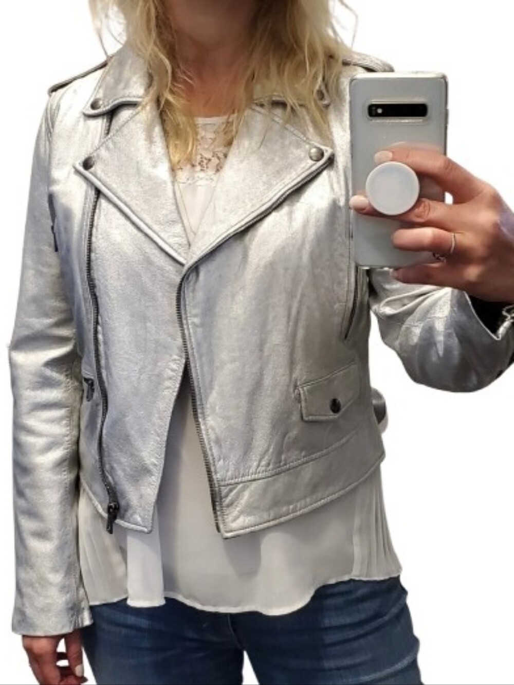 Banana Republic Genuine Leather Metallic Silver Moto Jacket